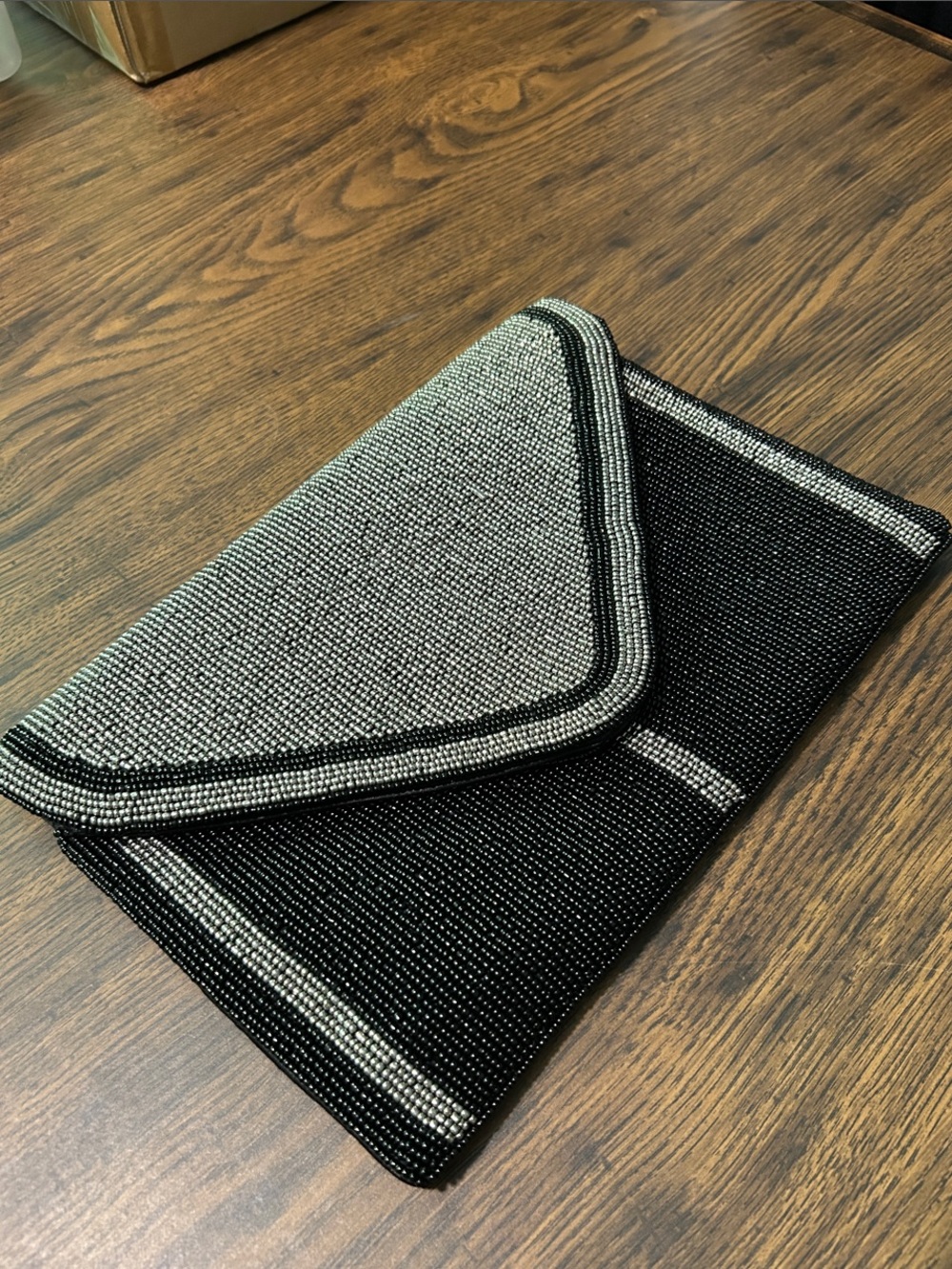 Black and Silver Beaded Envelope Clutch With Removable Chain Crossbody Strap
